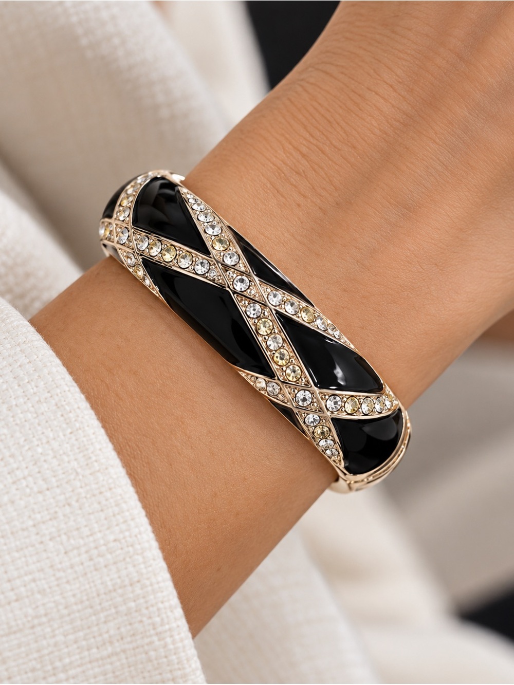 Gold-Tone Black Enamel Crystal-Accented Hinged Bangle Bracelet
